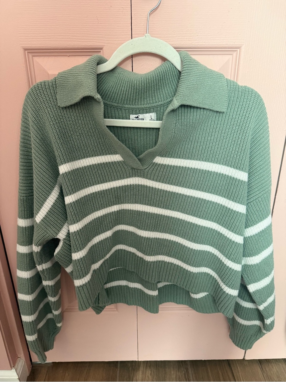 Hollister Sage Green & White Striped V-Neck Collared Sweater